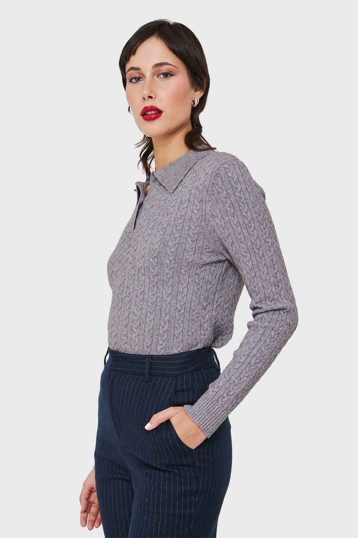 Sweater Cuello Camisero Cadenetas Gris Nicopoly-2