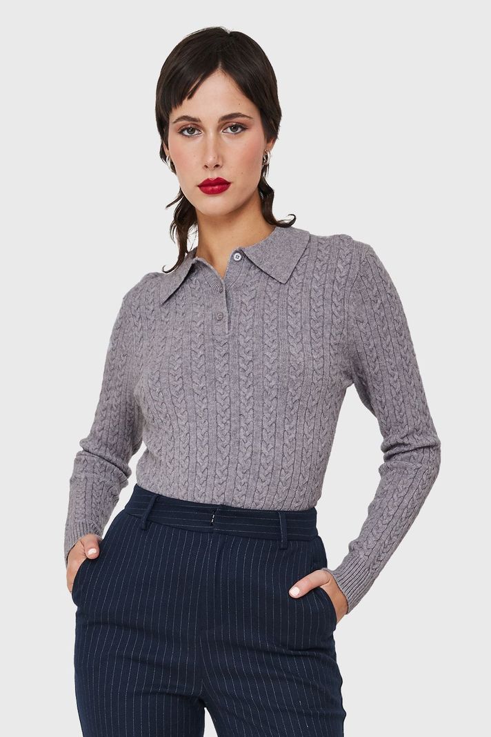Sweater Cuello Camisero Cadenetas Gris Nicopoly-4
