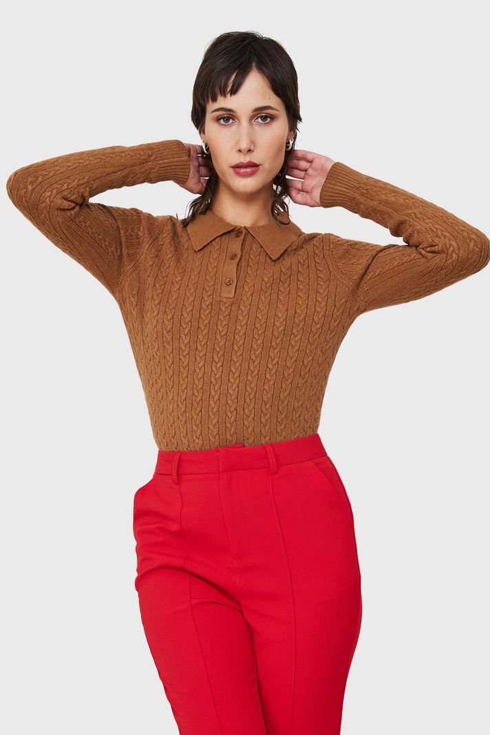 Sweater Cuello Camisero Cadenetas Café Nicopoly-0