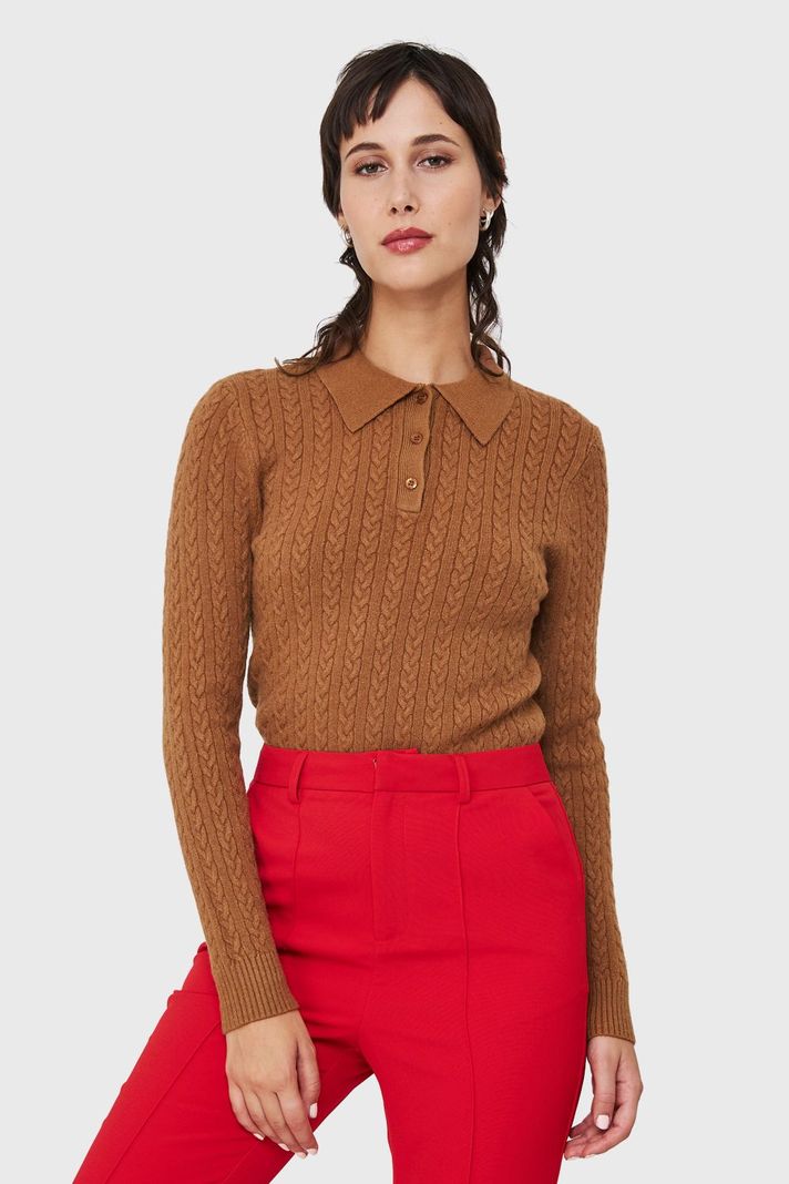 Sweater Cuello Camisero Cadenetas Café Nicopoly-4