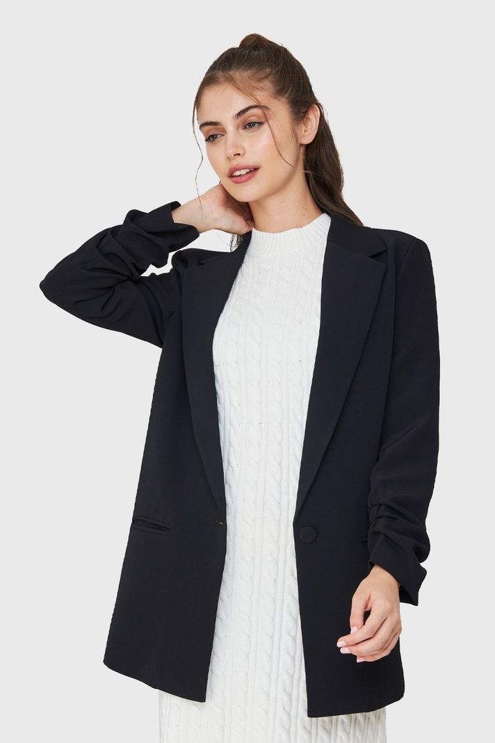 Blazer Largo Manga Drapeada Negro Nicopoly-0