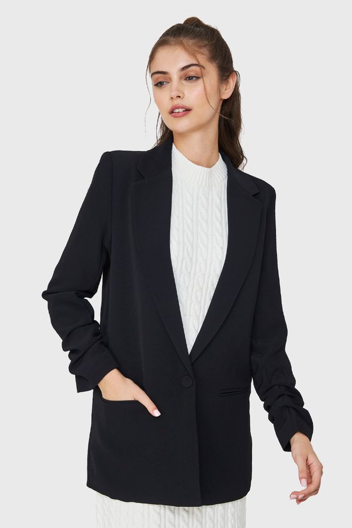 Blazer Largo Manga Drapeada Negro Nicopoly-4