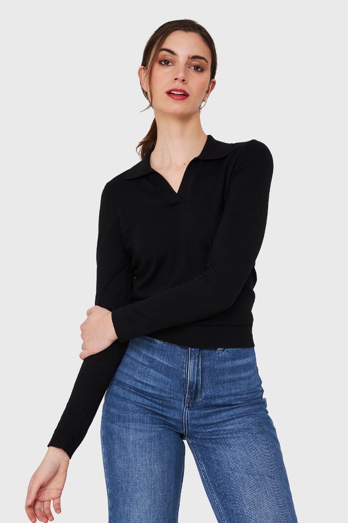 Polera Manga Larga Cuello Camisero Negro Nicopoly-0