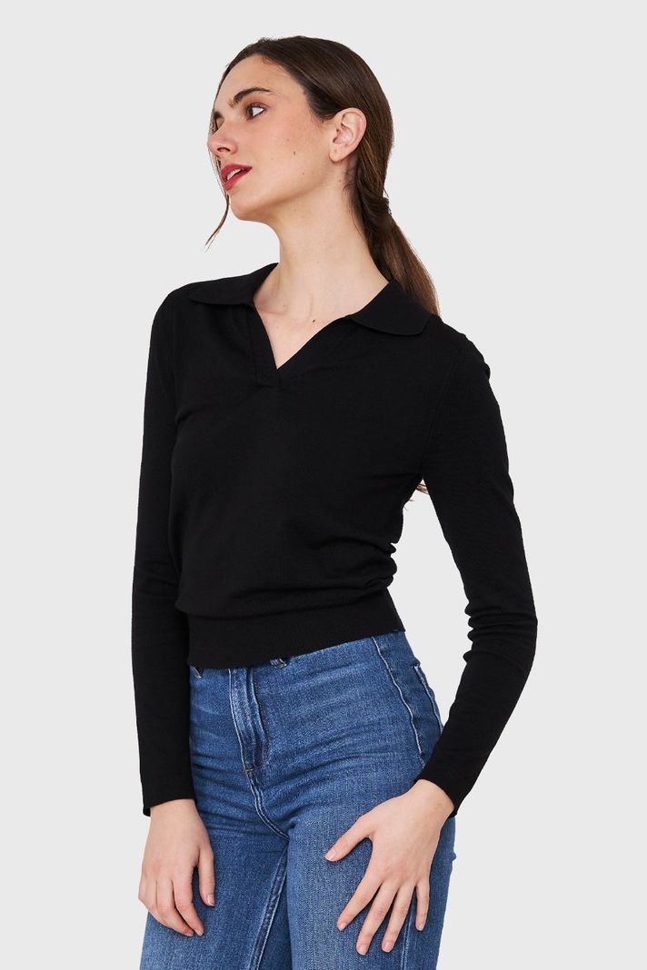 Polera Manga Larga Cuello Camisero Negro Nicopoly-2