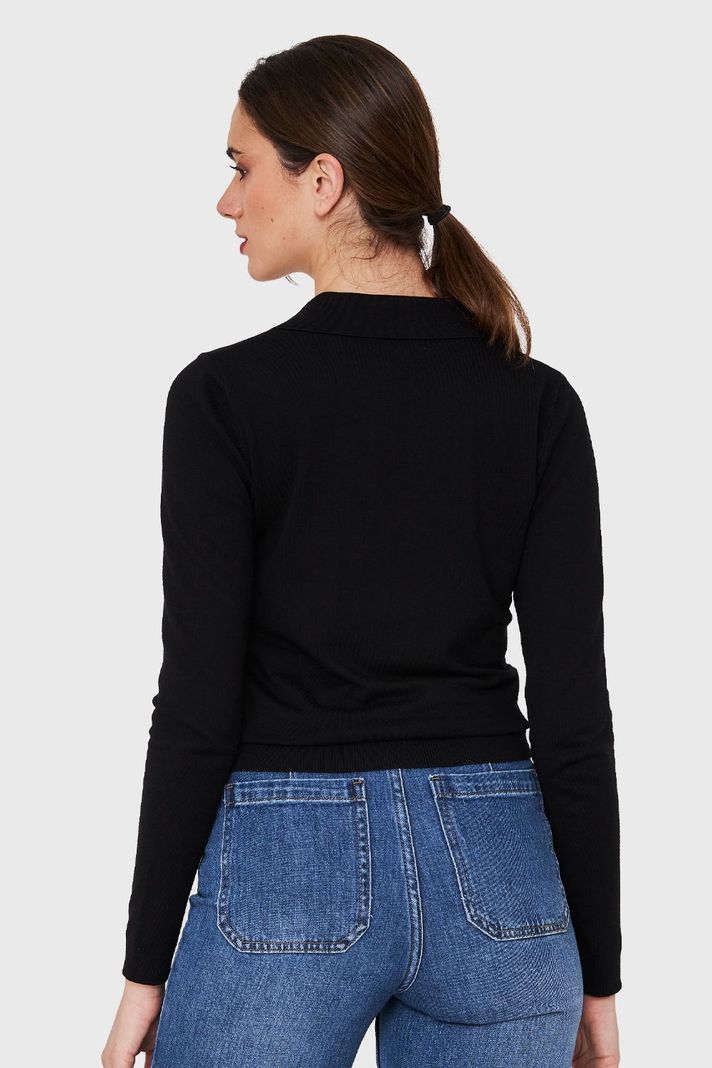 Polera Manga Larga Cuello Camisero Negro Nicopoly-3