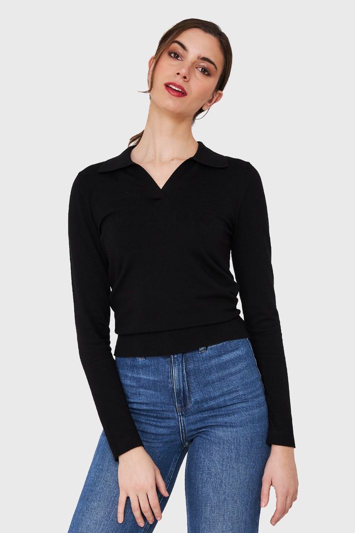 Polera Manga Larga Cuello Camisero Negro Nicopoly-4