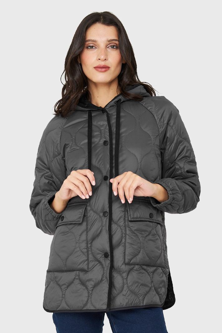 Parka Midi Tipo Quilt Bolsillos Gris Nicopoly-0
