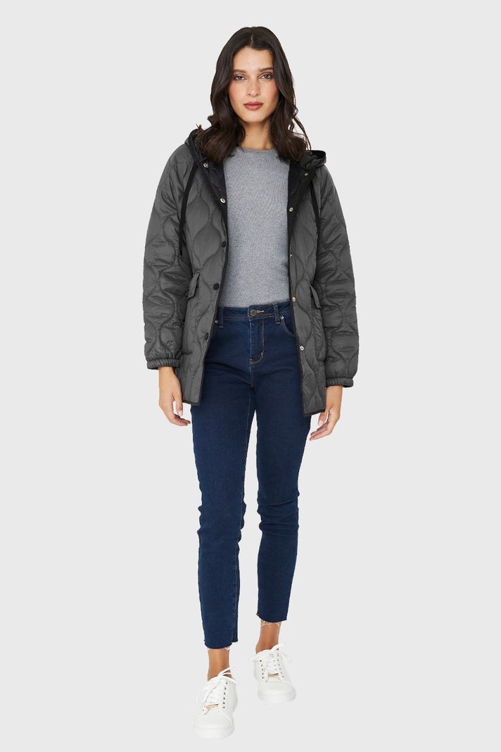 Parka Midi Tipo Quilt Bolsillos Gris Nicopoly-1