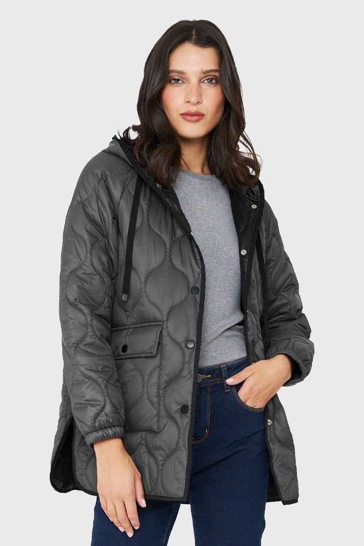Parka Midi Tipo Quilt Bolsillos Gris Nicopoly-4