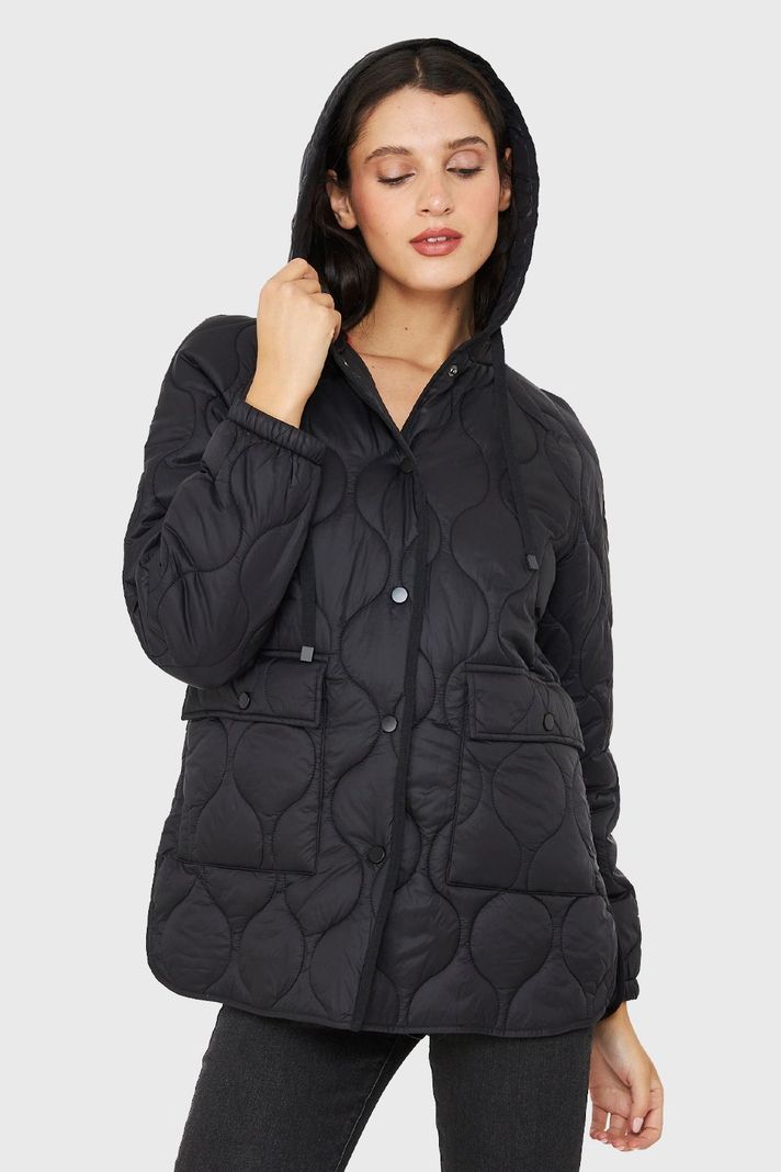 Parka Midi Tipo Quilt Bolsillos Negro Nicopoly-0