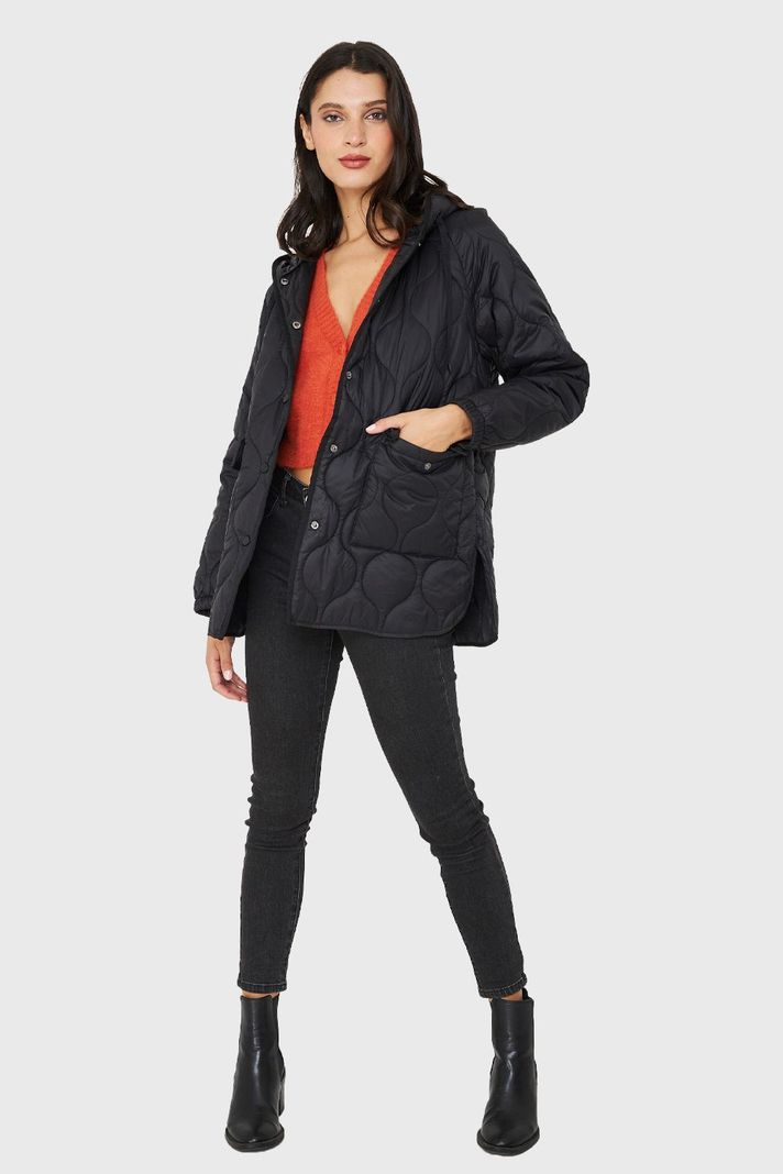 Parka Midi Tipo Quilt Bolsillos Negro Nicopoly-1