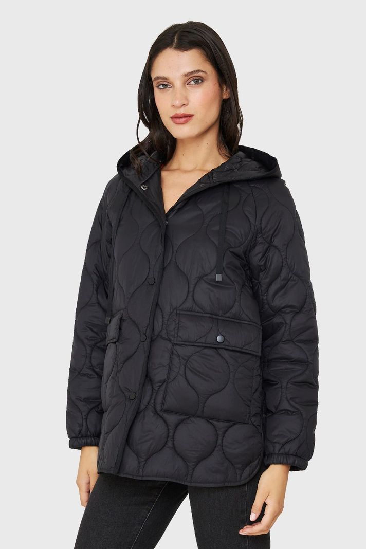 Parka Midi Tipo Quilt Bolsillos Negro Nicopoly-2