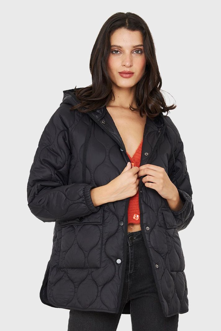 Parka Midi Tipo Quilt Bolsillos Negro Nicopoly-4