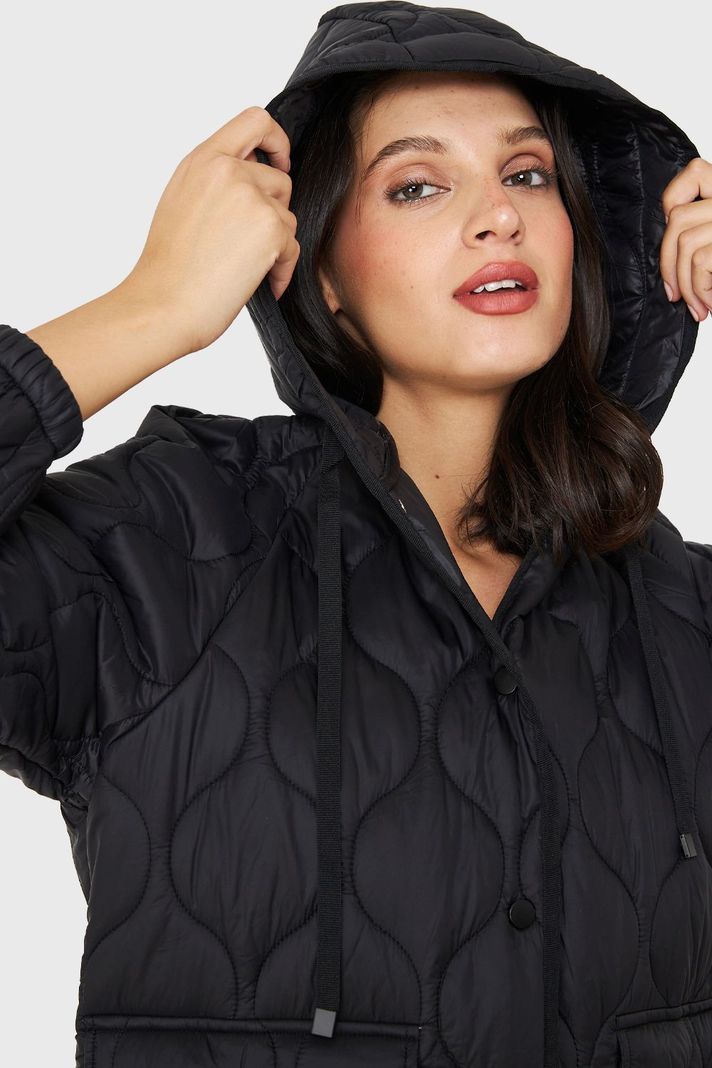 Parka Midi Tipo Quilt Bolsillos Negro Nicopoly-5