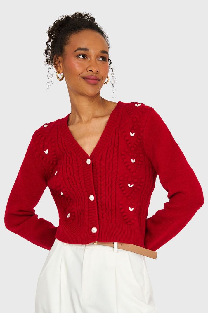 Cárdigan Crop Perlas Rojo Nicopoly-0