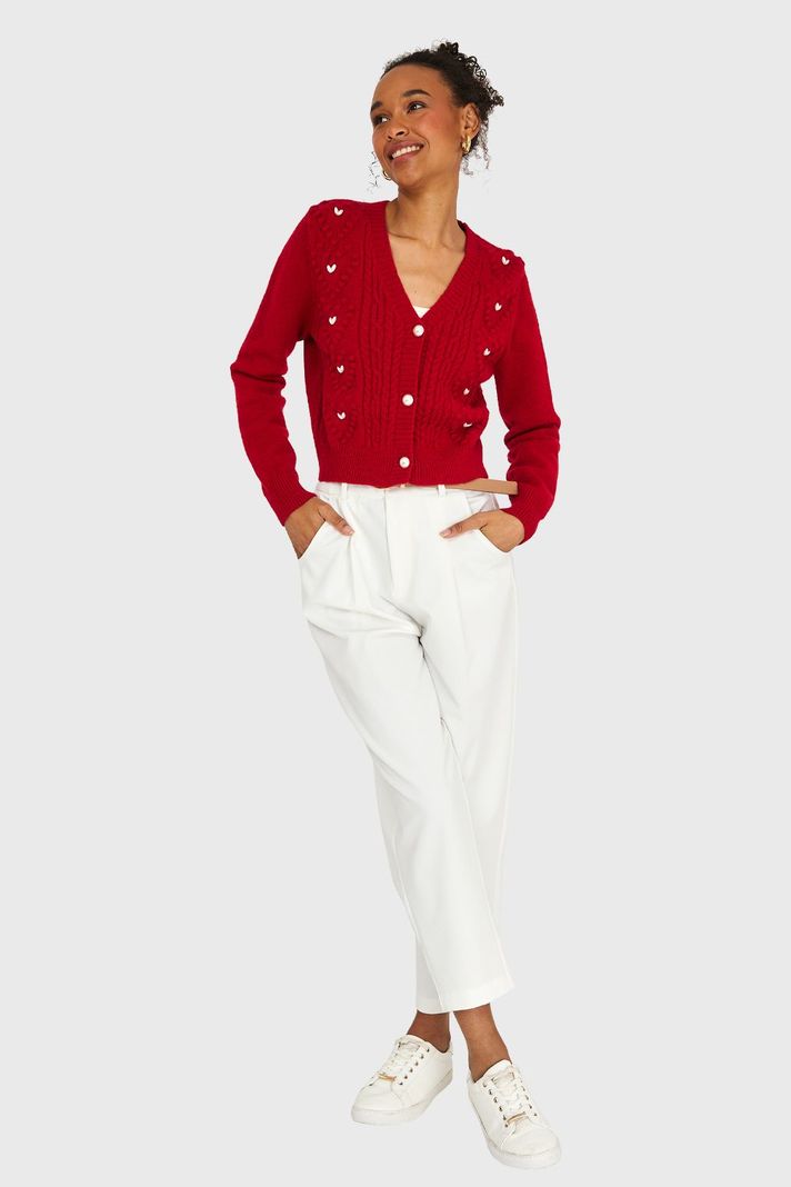 Cárdigan Crop Perlas Rojo Nicopoly-1