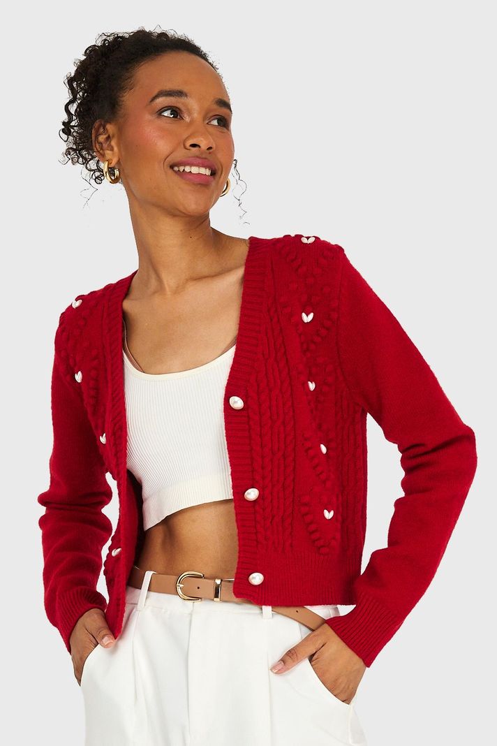 Cárdigan Crop Perlas Rojo Nicopoly-4