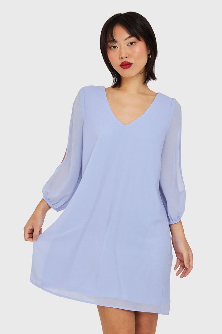 Vestido Corto Aberturas Mangas Celeste Nicopoly-4