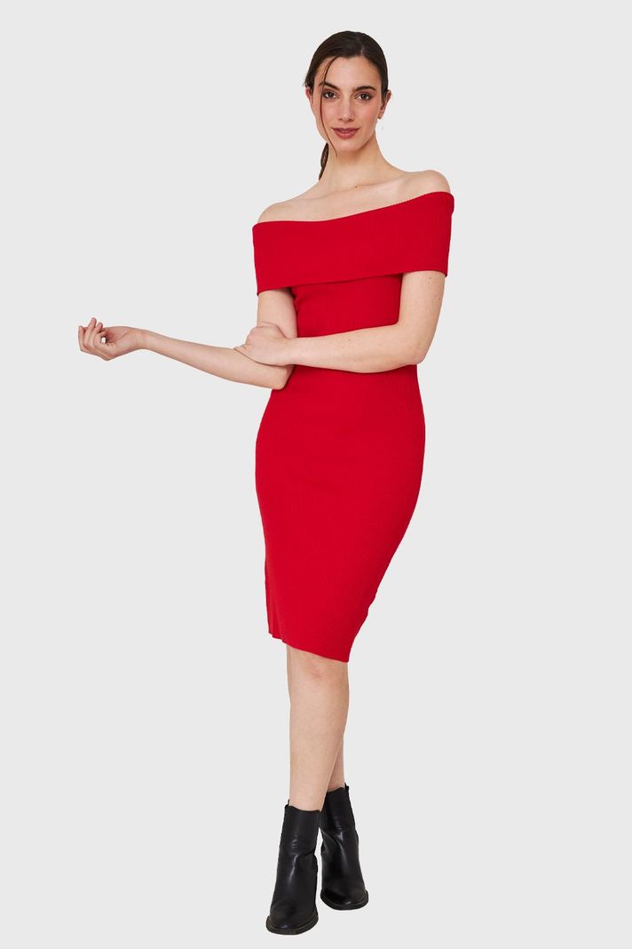 Vestido Acanalado Off The Shoulder Rojo Nicopoly-1