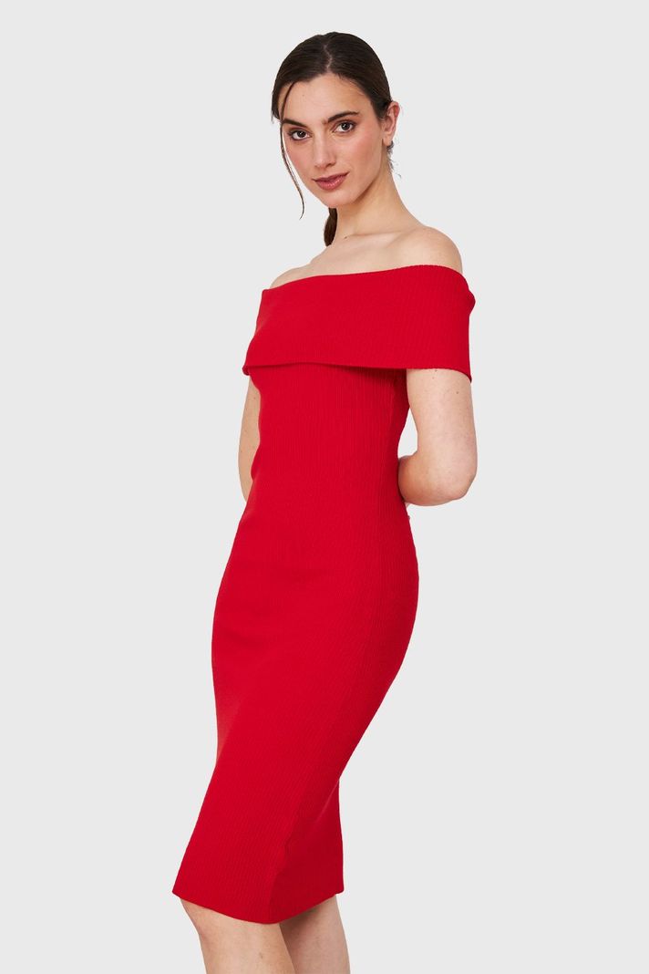 Vestido Acanalado Off The Shoulder Rojo Nicopoly-2