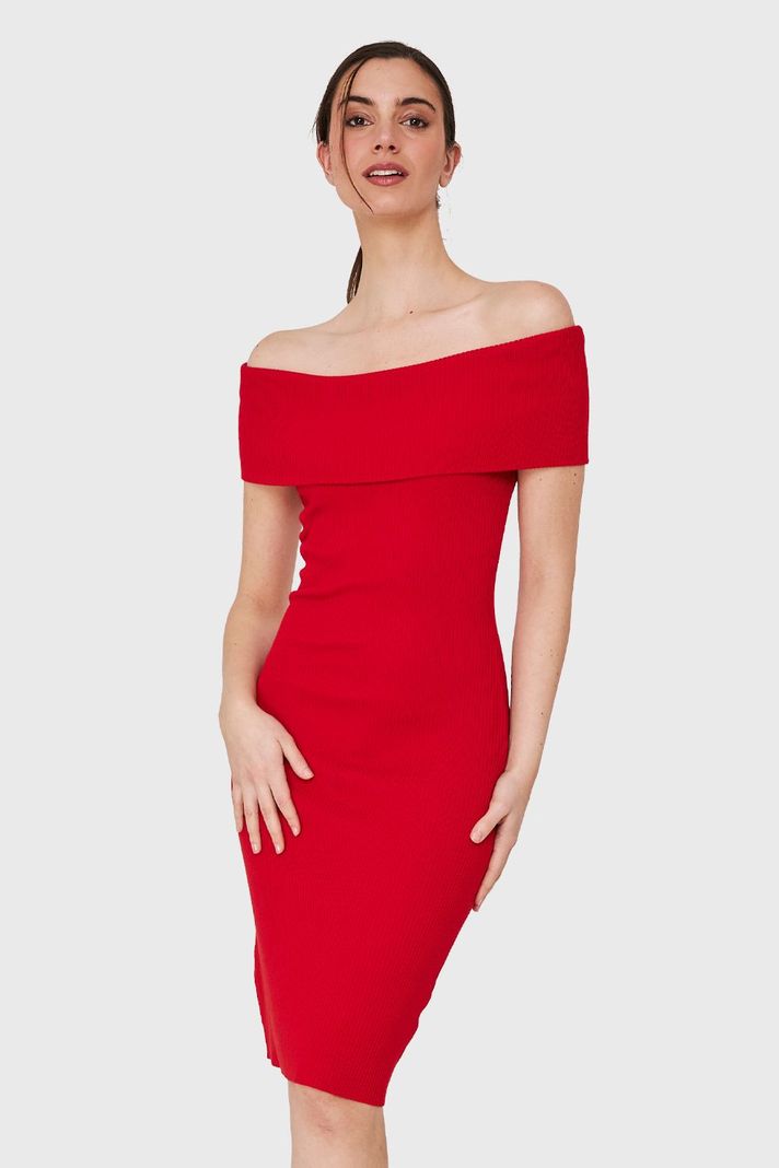 Vestido Acanalado Off The Shoulder Rojo Nicopoly-4