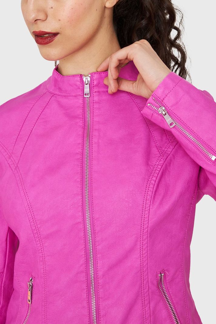 Chaqueta Cuello Mao Ecocuero Rosa Chicle Nicopoly-5