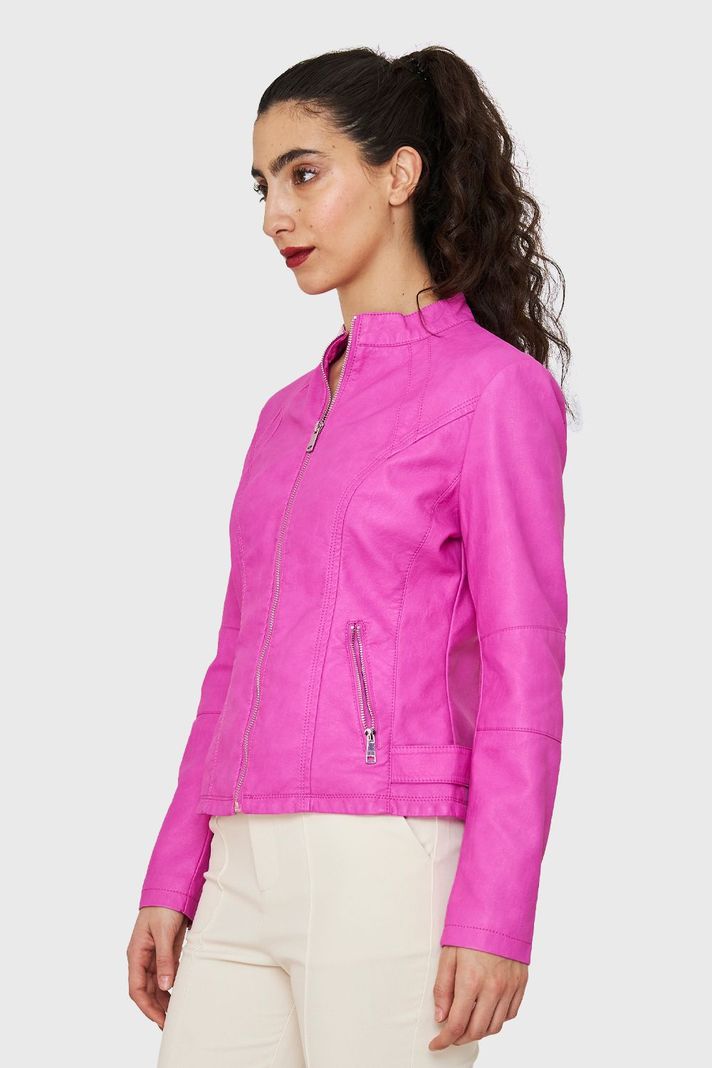 Chaqueta Cuello Mao Ecocuero Rosa Chicle Nicopoly-2