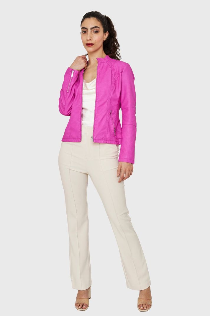 Chaqueta Cuello Mao Ecocuero Rosa Chicle Nicopoly-1