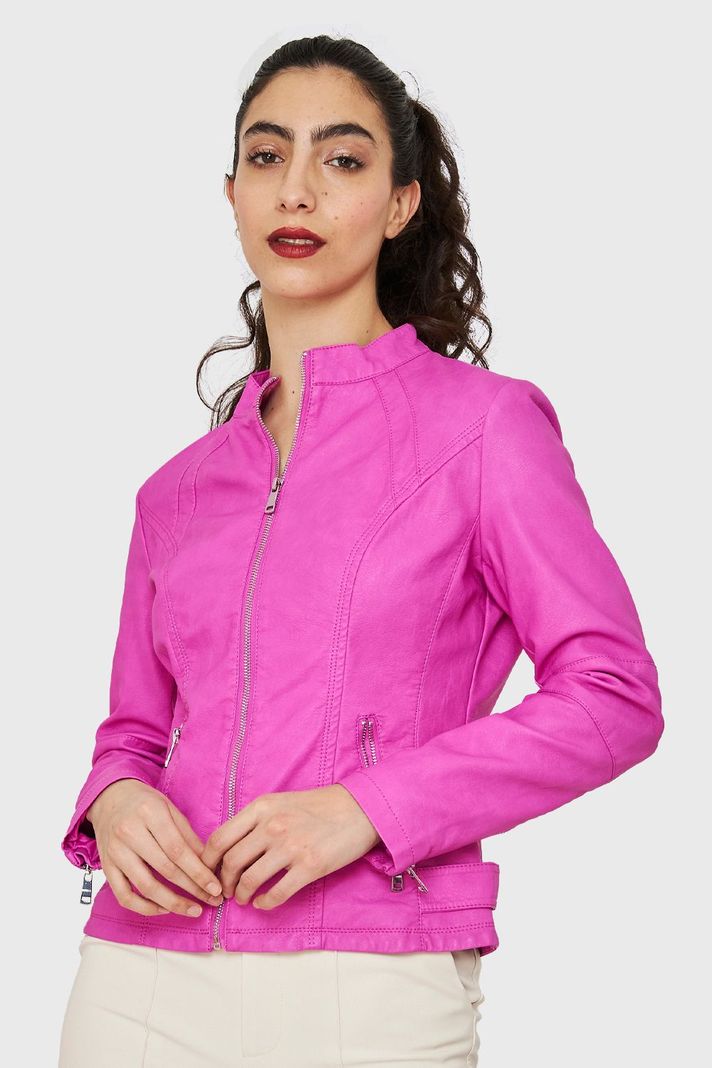 Chaqueta Cuello Mao Ecocuero Rosa Chicle Nicopoly-4