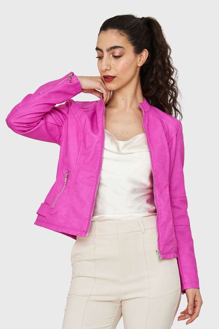 Chaqueta Cuello Mao Ecocuero Rosa Chicle Nicopoly-0