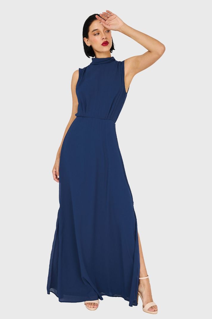 Vestido Cuello Alto Azul Marino Nicopoly-0