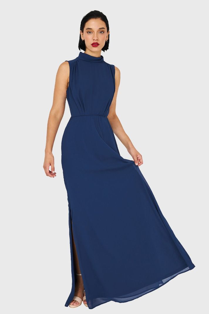 Vestido Cuello Alto Azul Marino Nicopoly-1