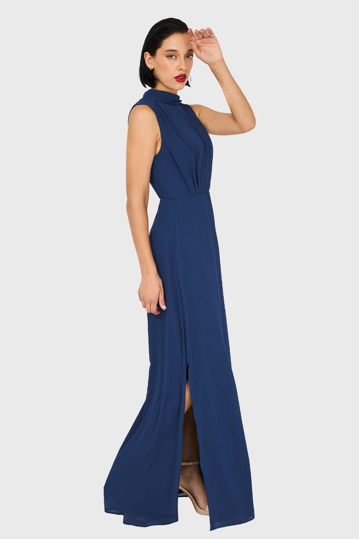 Vestido Cuello Alto Azul Marino Nicopoly-2