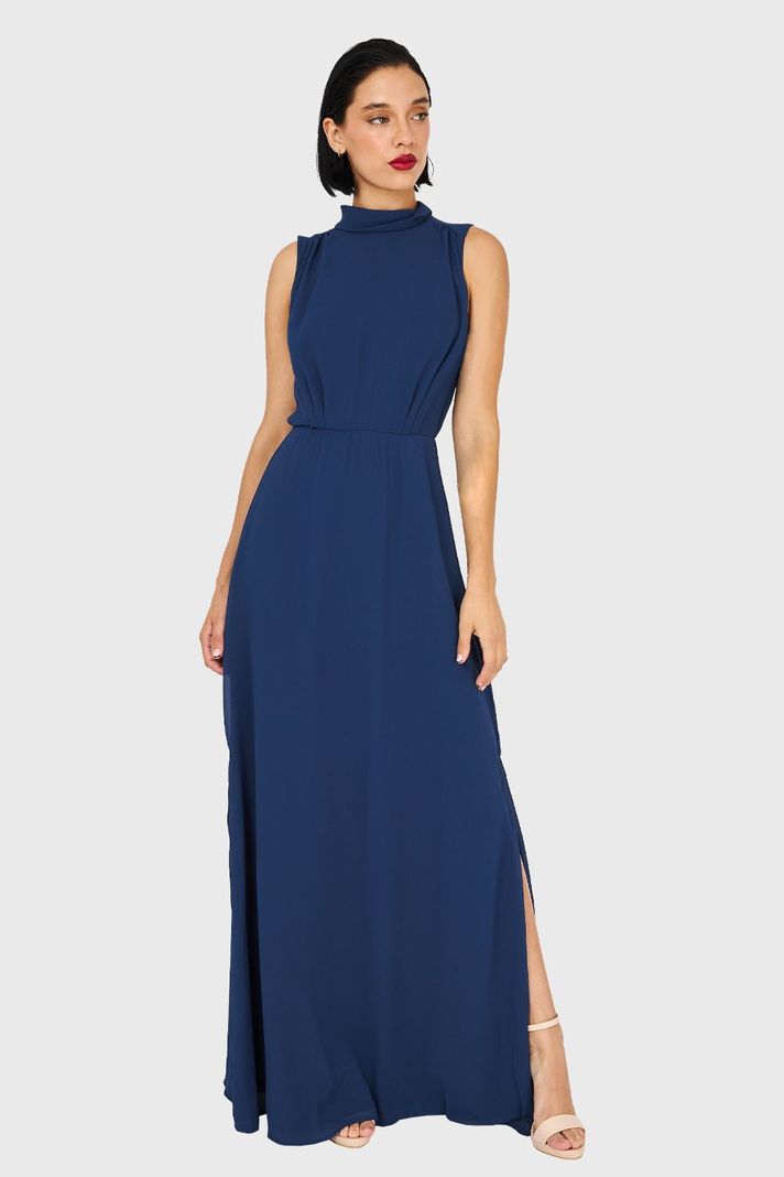 Vestido Cuello Alto Azul Marino Nicopoly-4
