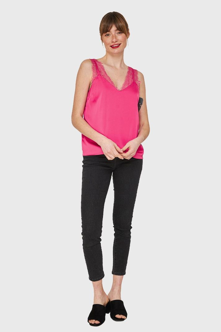 Blusa Satín Encaje Tirante Ancho Fucsia Nicopoly-1