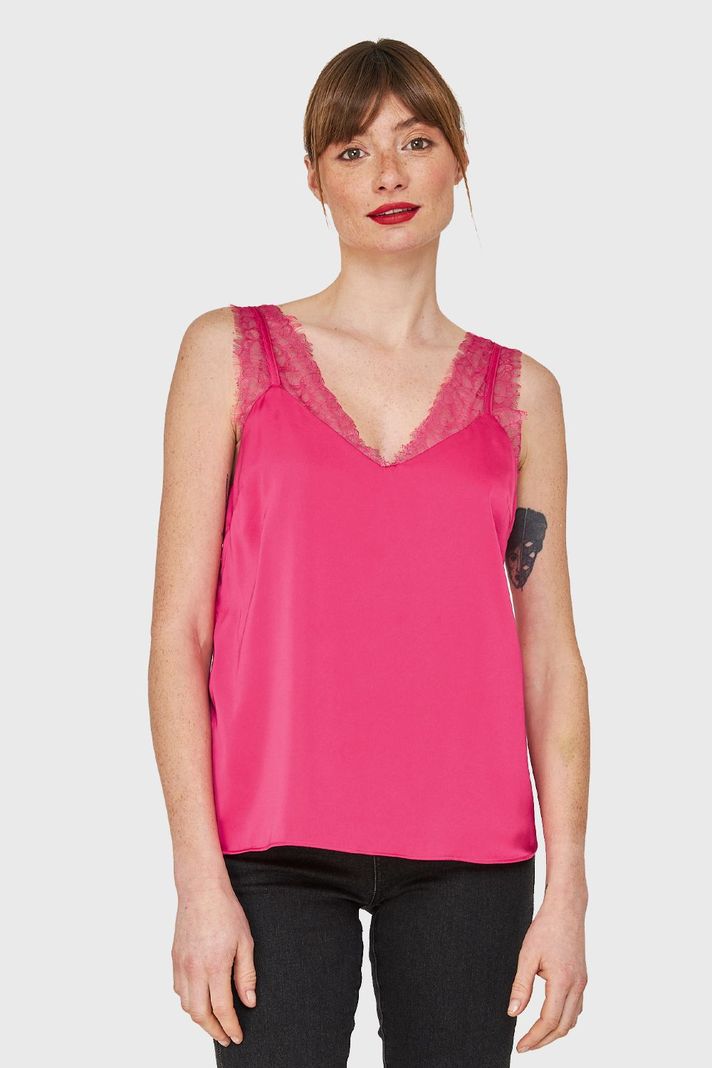 Blusa Satín Encaje Tirante Ancho Fucsia Nicopoly-4