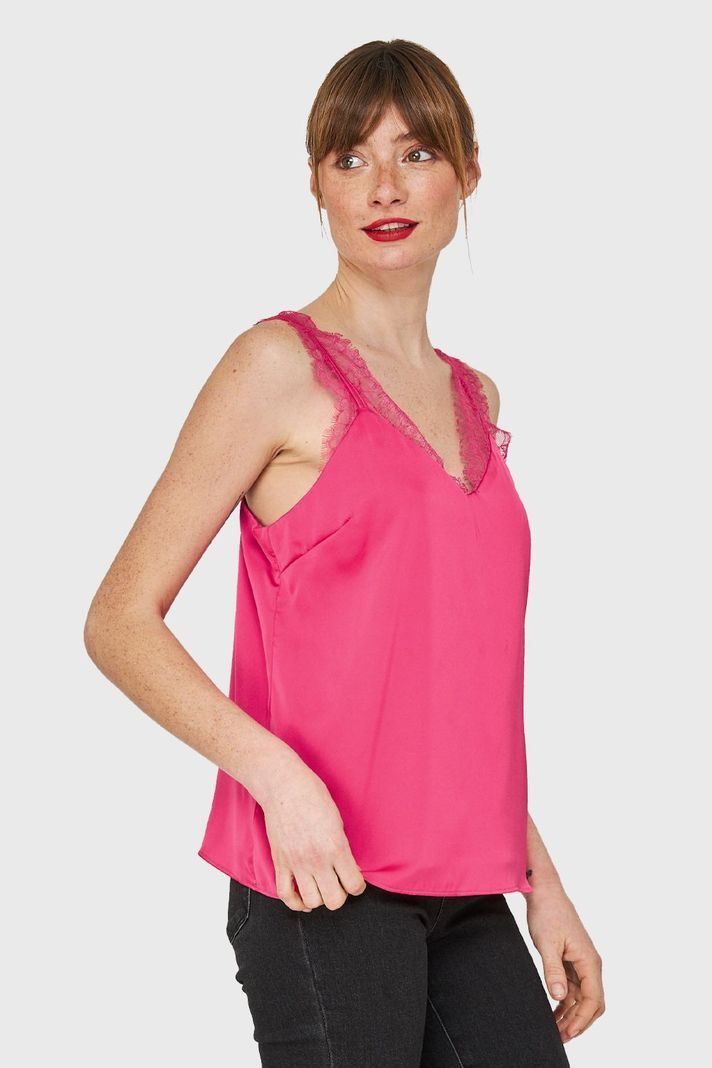Blusa Satín Encaje Tirante Ancho Fucsia Nicopoly-2