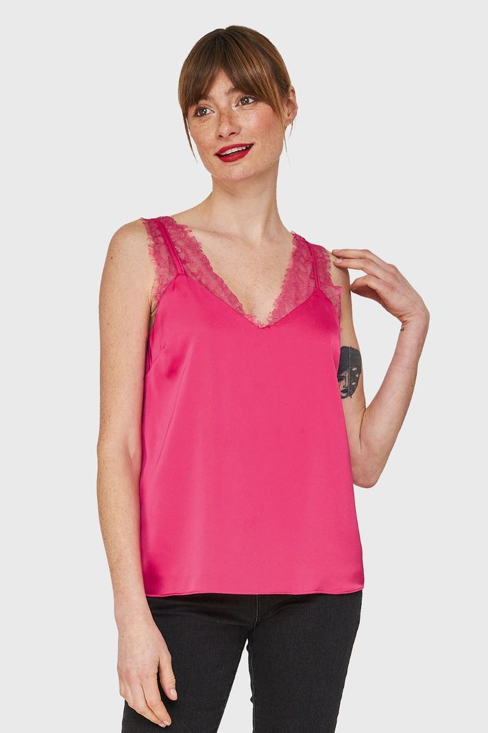 Blusa Satín Encaje Tirante Ancho Fucsia Nicopoly-0