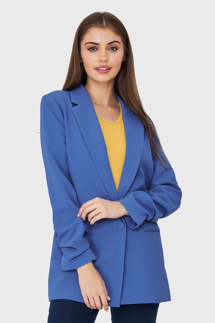Blazer Largo Manga Drapeada Azul Medio Nicopoly-0