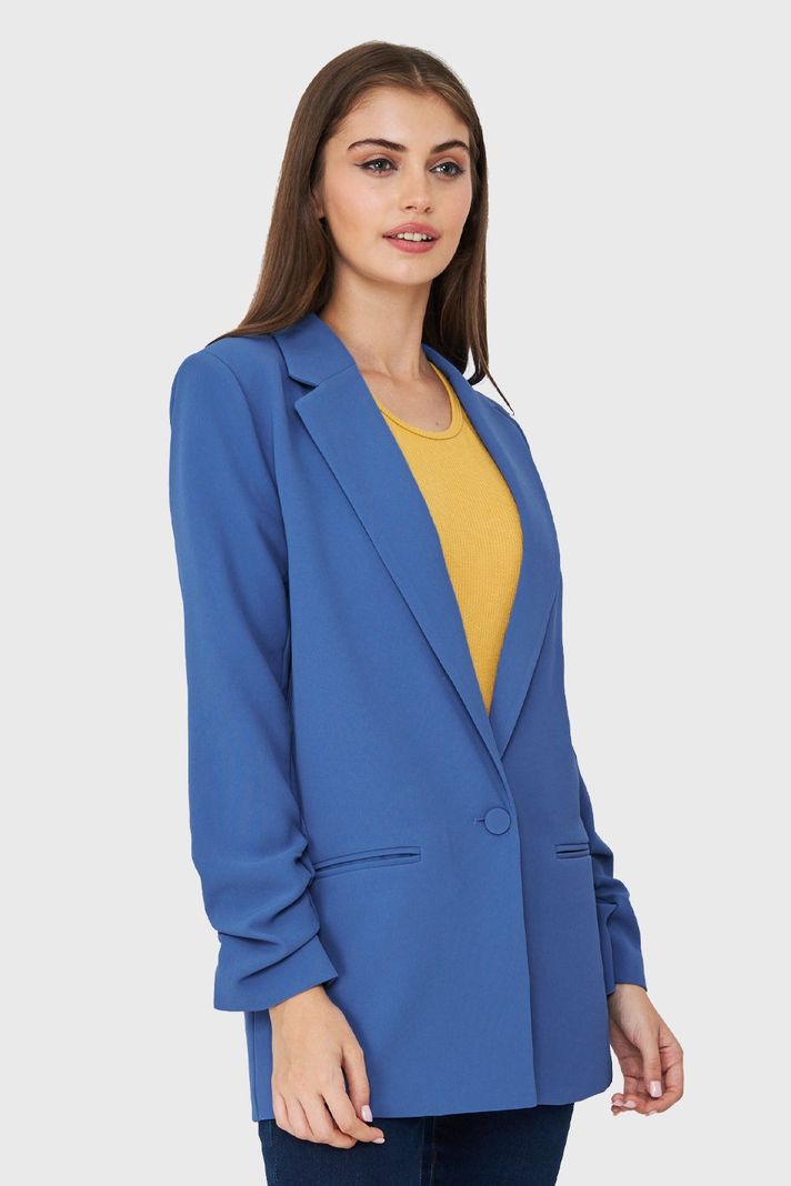 Blazer Largo Manga Drapeada Azul Medio Nicopoly-2