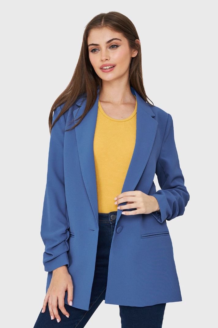 Blazer Largo Manga Drapeada Azul Medio Nicopoly-4