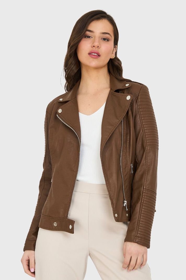 Chaqueta Ecocuero Tipo Biker Café Nicopoly-0