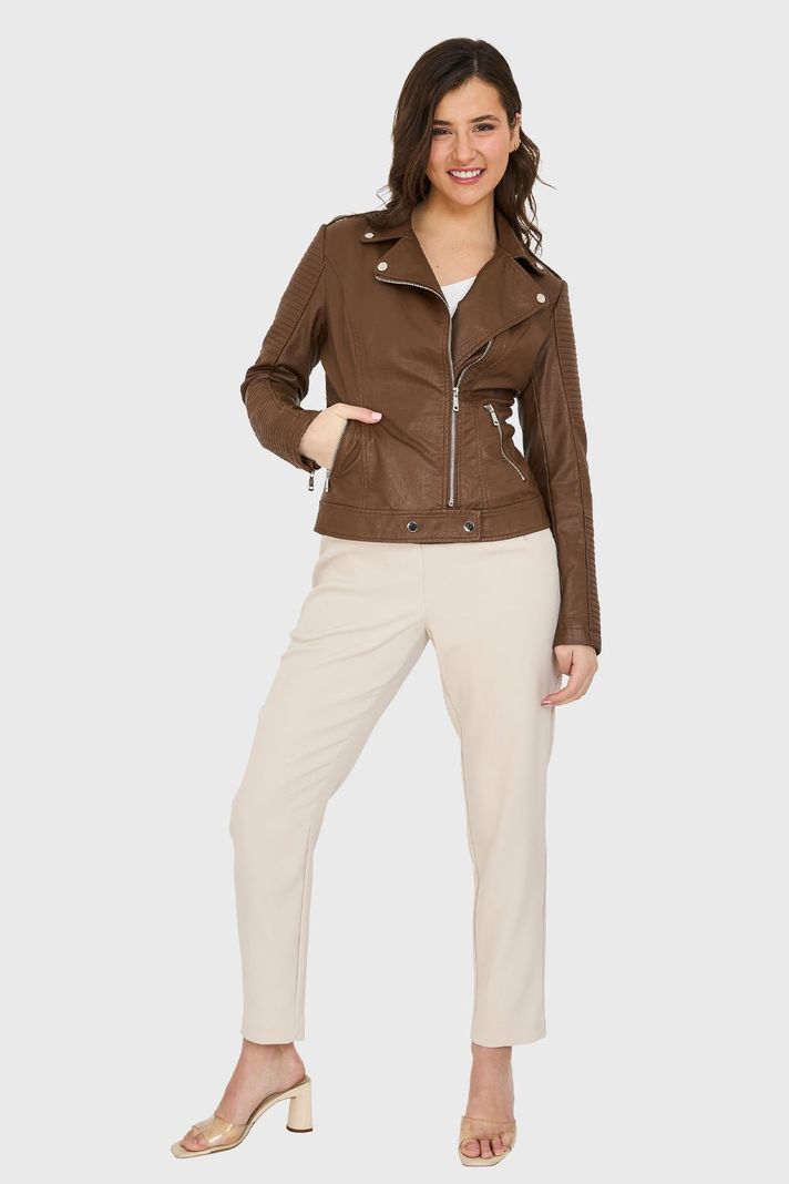 Chaqueta Ecocuero Tipo Biker Café Nicopoly-1