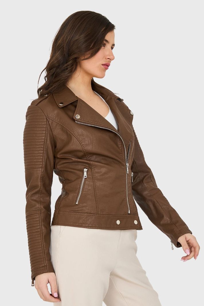 Chaqueta Ecocuero Tipo Biker Café Nicopoly-2