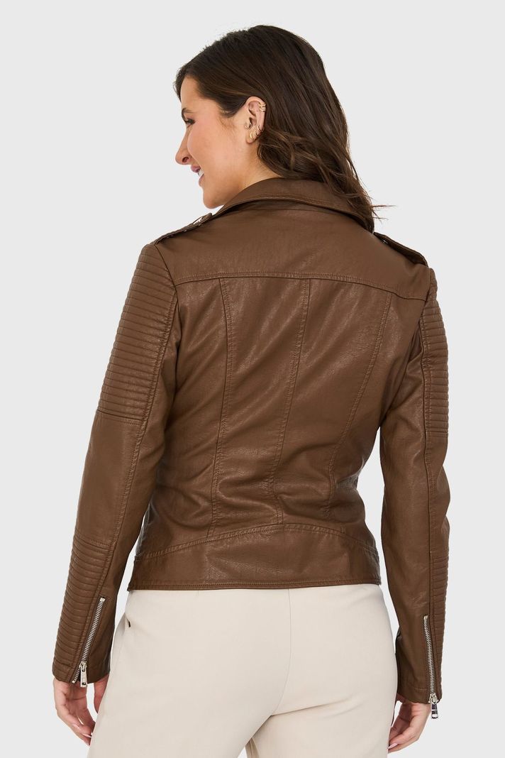 Chaqueta Ecocuero Tipo Biker Café Nicopoly-3