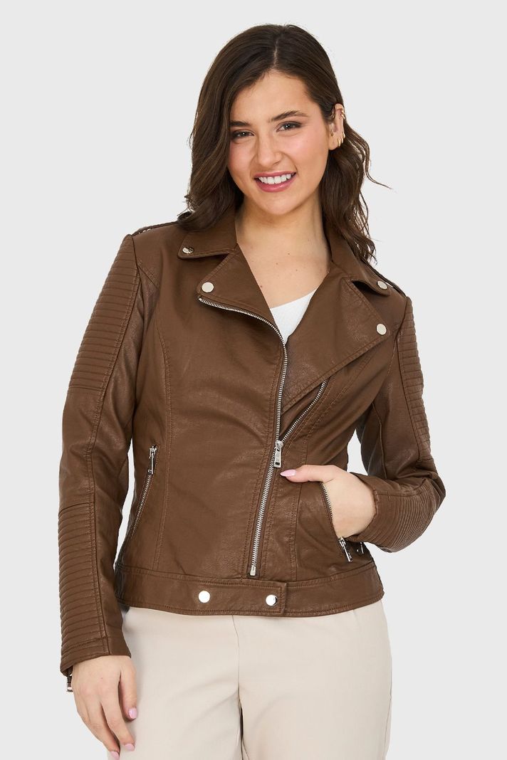 Chaqueta Ecocuero Tipo Biker Café Nicopoly-4