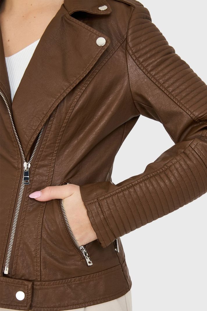 Chaqueta Ecocuero Tipo Biker Café Nicopoly-5