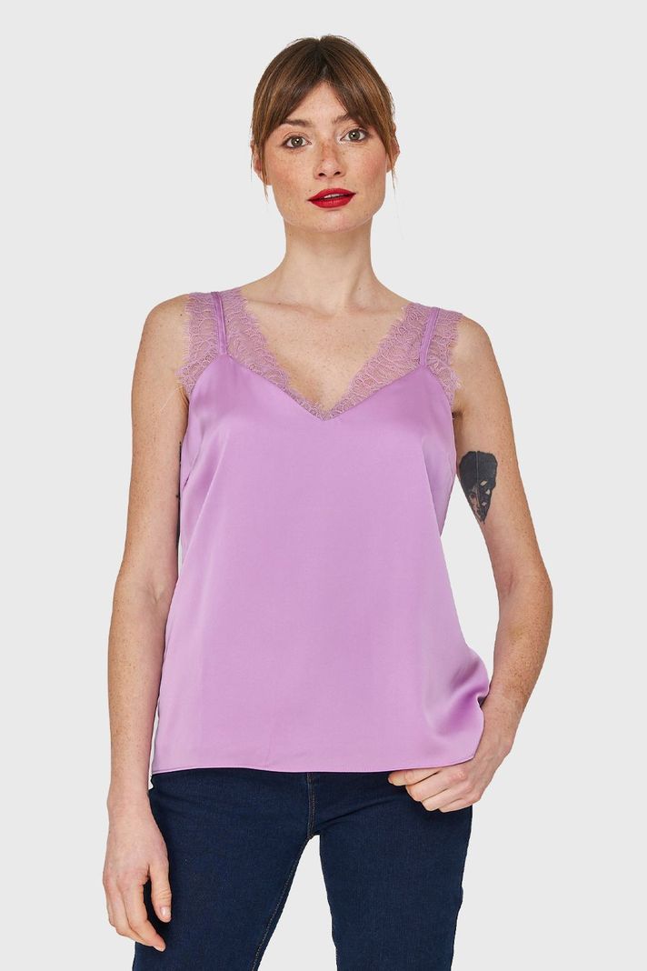 Blusa Satín Encaje Tirante Ancho Lila Nicopoly-4