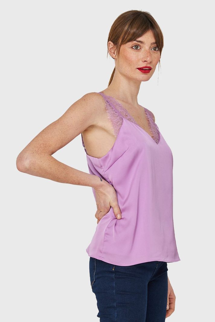 Blusa Satín Encaje Tirante Ancho Lila Nicopoly-2