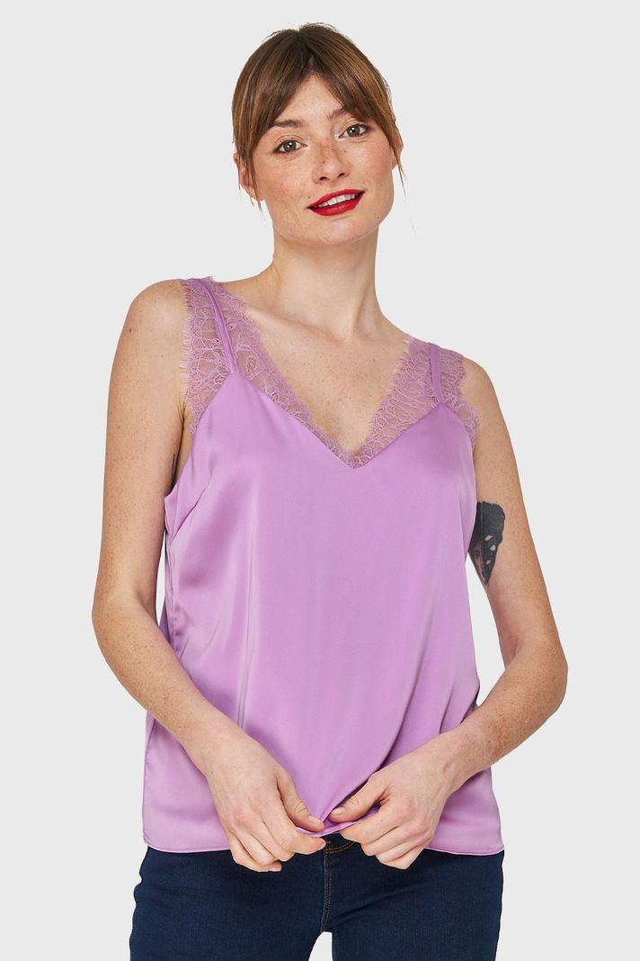 Blusa Satín Encaje Tirante Ancho Lila Nicopoly-0